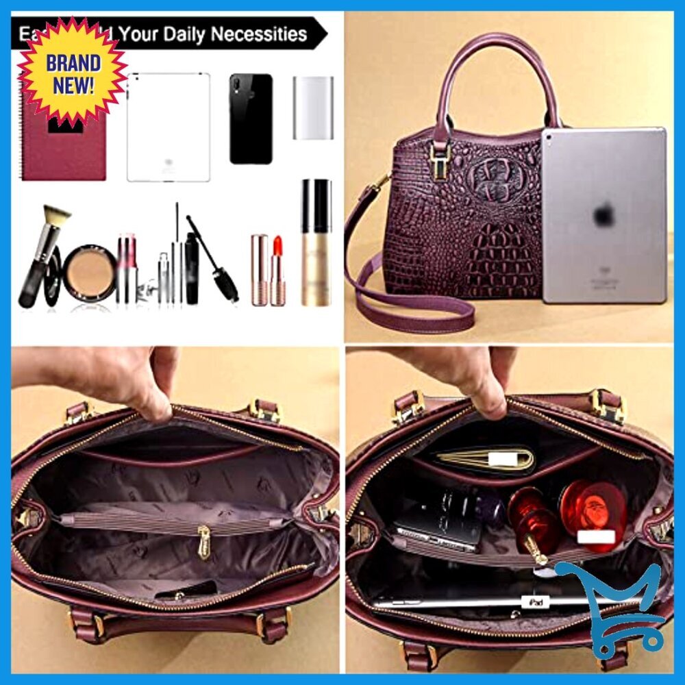 Large Vegan Leather Tote with Shoulder Strap, Crocodile Texture Satchel - Picture 5 of 6